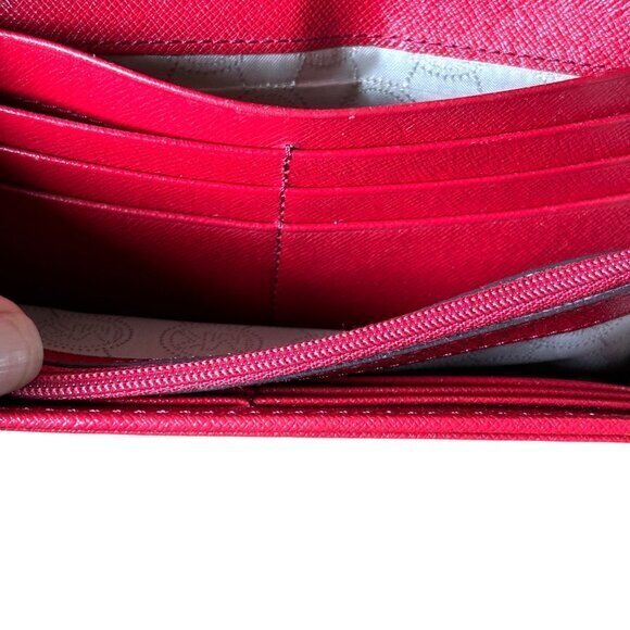 Michael Kors Logo Wallet Red Checkbook Leather Tri Fold Card Change‎ Pockets - Picture 5 of 9